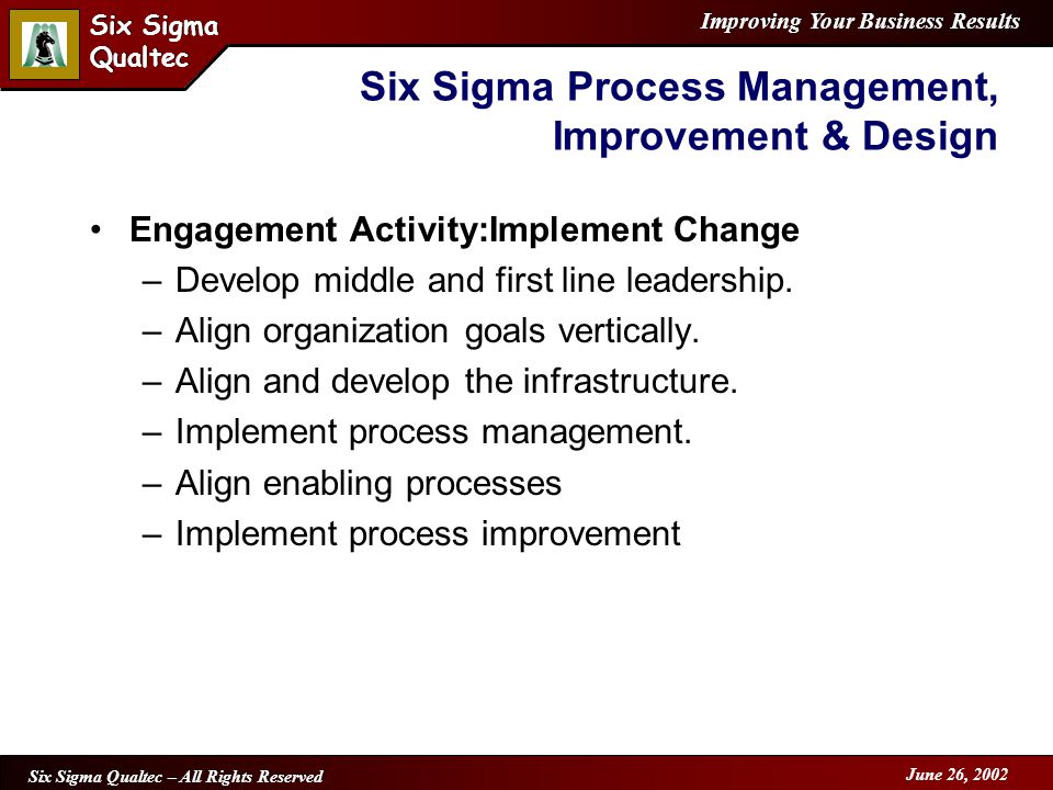 Improving Your Business Results Six Sigma Qualtec Six Sigma Qualtec Six Sigma Qualtec – All Rights Reserved June 26, 2002 Six Sigma Process Management, Improvement & Design Engagement Activity:Implement Change –Develop middle and first line leadership.
