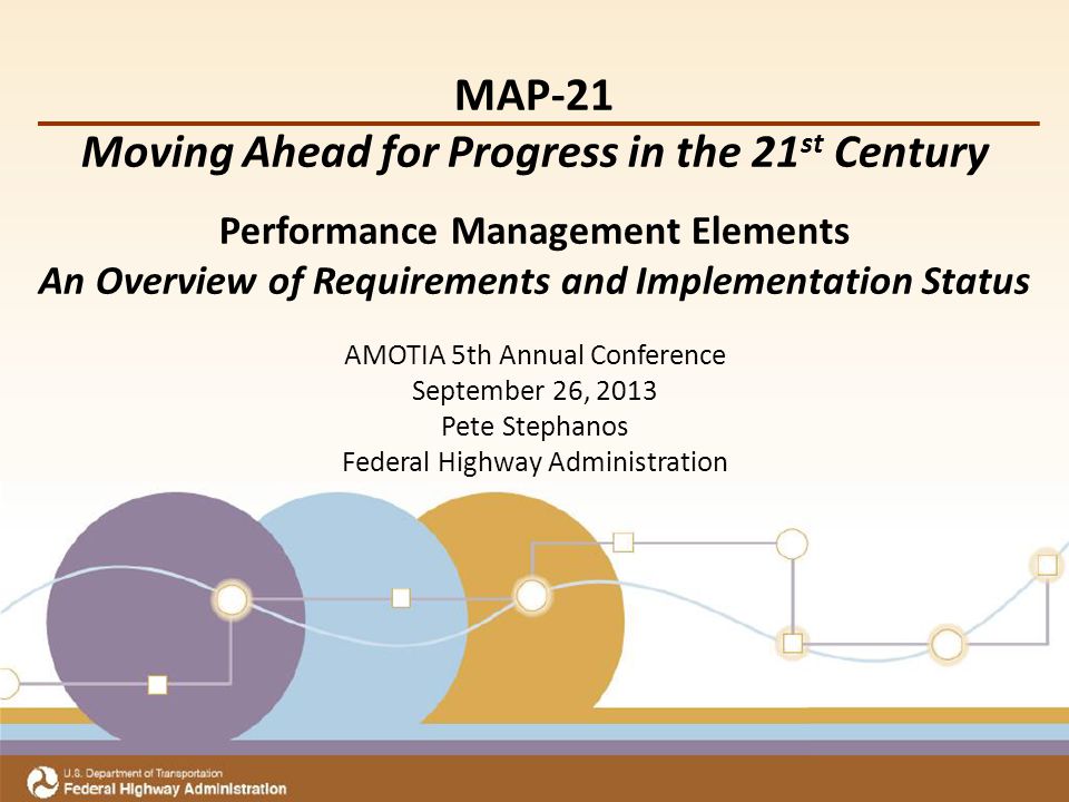 Title Subtitle Meeting Date Office of Transportation Performance Management MAP-21 Moving Ahead for Progress in the 21 st Century Performance Management Elements An Overview of Requirements and Implementation Status AMOTIA 5th Annual Conference September 26, 2013 Pete Stephanos Federal Highway Administration