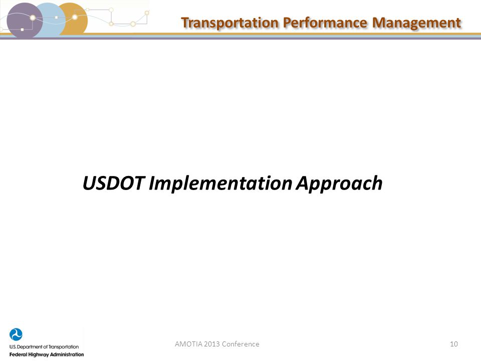 Transportation Performance Management USDOT Implementation Approach AMOTIA 2013 Conference10