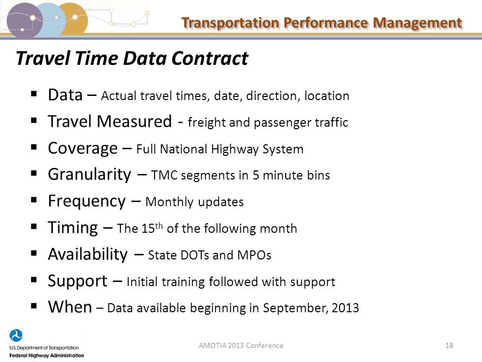 Transportation Performance Management  Data – Actual travel times, date, direction, location  Travel Measured - freight and passenger traffic  Coverage – Full National Highway System  Granularity – TMC segments in 5 minute bins  Frequency – Monthly updates  Timing – The 15 th of the following month  Availability – State DOTs and MPOs  Support – Initial training followed with support  When – Data available beginning in September, 2013 Travel Time Data Contract 18AMOTIA 2013 Conference