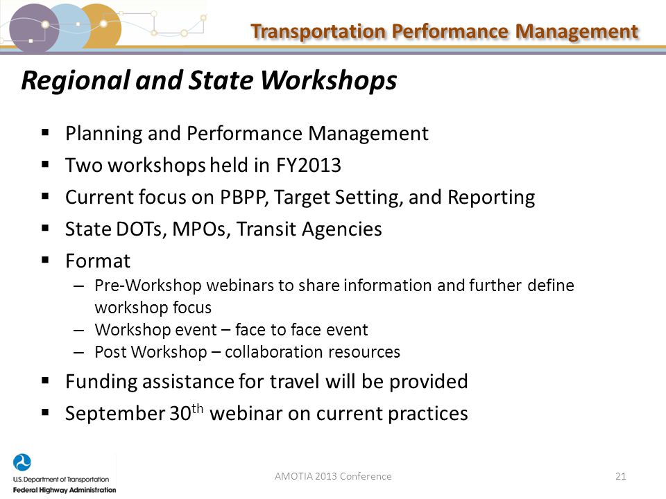 Transportation Performance Management Regional and State Workshops  Planning and Performance Management  Two workshops held in FY2013  Current focus on PBPP, Target Setting, and Reporting  State DOTs, MPOs, Transit Agencies  Format – Pre-Workshop webinars to share information and further define workshop focus – Workshop event – face to face event – Post Workshop – collaboration resources  Funding assistance for travel will be provided  September 30 th webinar on current practices 21AMOTIA 2013 Conference
