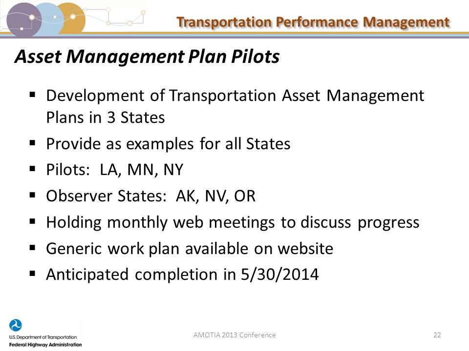 Transportation Performance Management Asset Management Plan Pilots  Development of Transportation Asset Management Plans in 3 States  Provide as examples for all States  Pilots: LA, MN, NY  Observer States: AK, NV, OR  Holding monthly web meetings to discuss progress  Generic work plan available on website  Anticipated completion in 5/30/ AMOTIA 2013 Conference