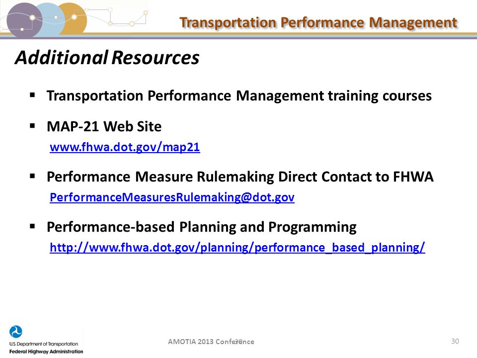 Transportation Performance Management 30 Additional Resources  Transportation Performance Management training courses  MAP-21 Web Site    Performance Measure Rulemaking Direct Contact to FHWA  Performance-based Planning and Programming   AMOTIA 2013 Conference 30