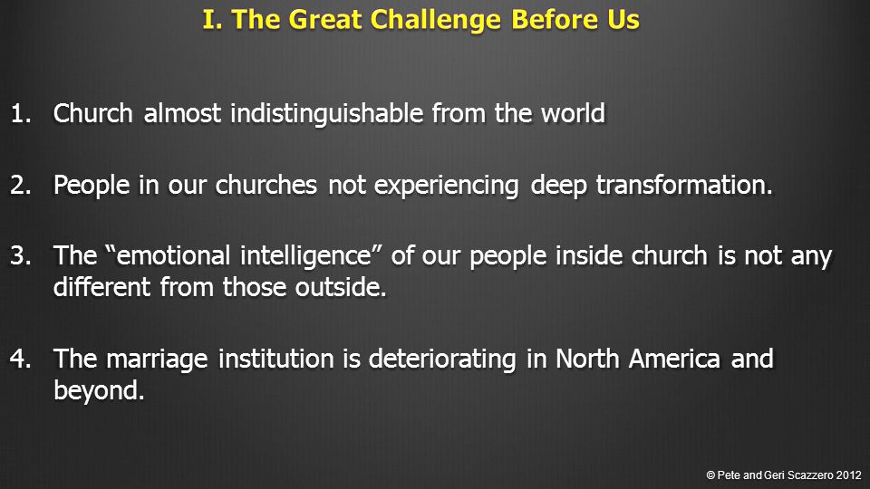 1.Church almost indistinguishable from the world 2.People in our churches not experiencing deep transformation.