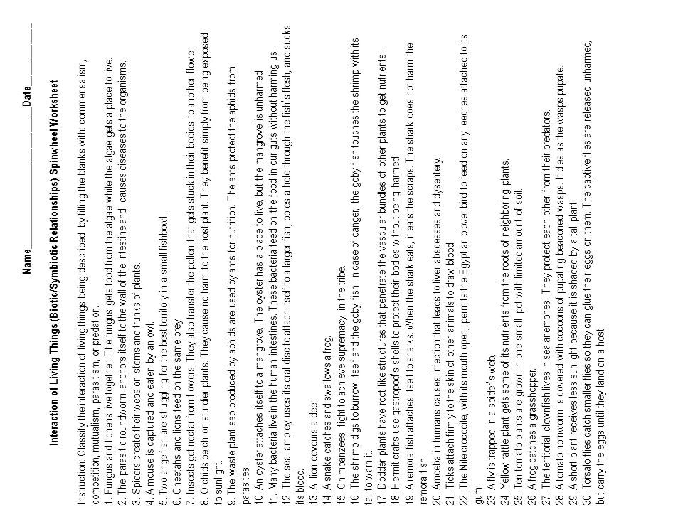 Printables Symbiotic Relationships Worksheet predation mutualism commensalism parasitism the center smile is name date interaction of living things bioticsymbiotic relationships spinwheel worksheet i
