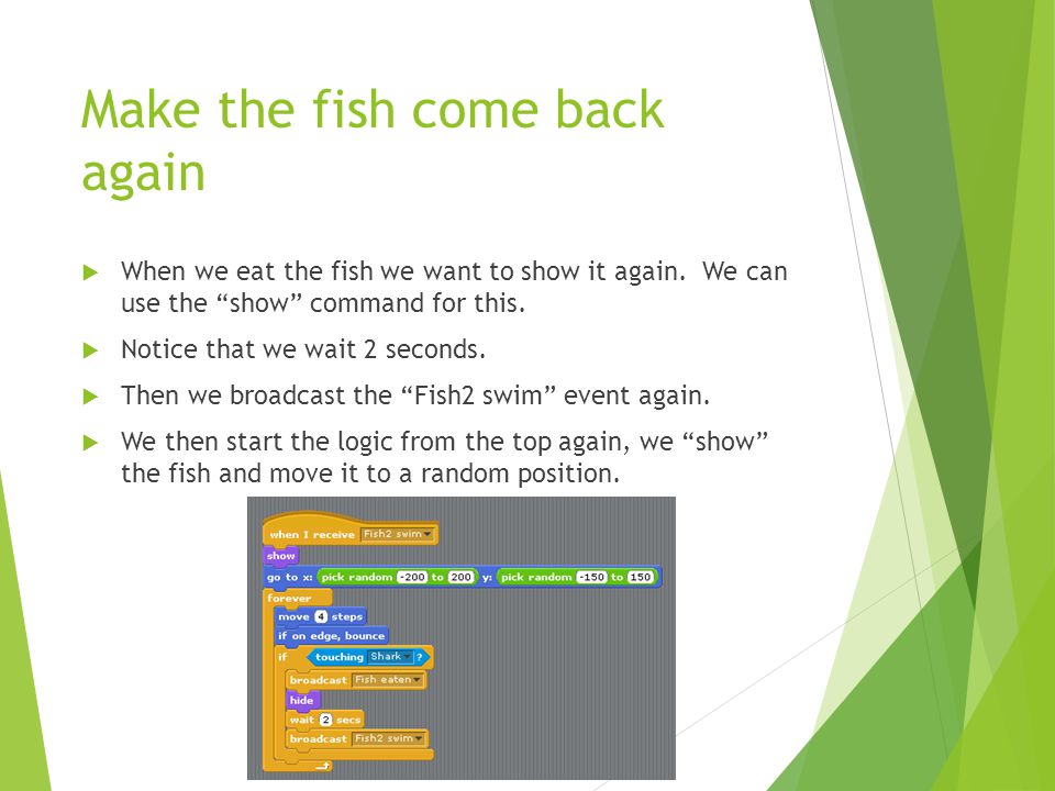 Make the fish come back again  When we eat the fish we want to show it again.