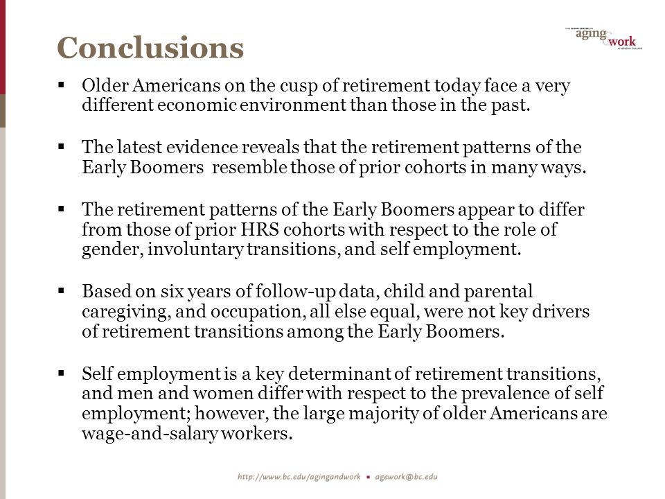 Conclusions  Older Americans on the cusp of retirement today face a very different economic environment than those in the past.