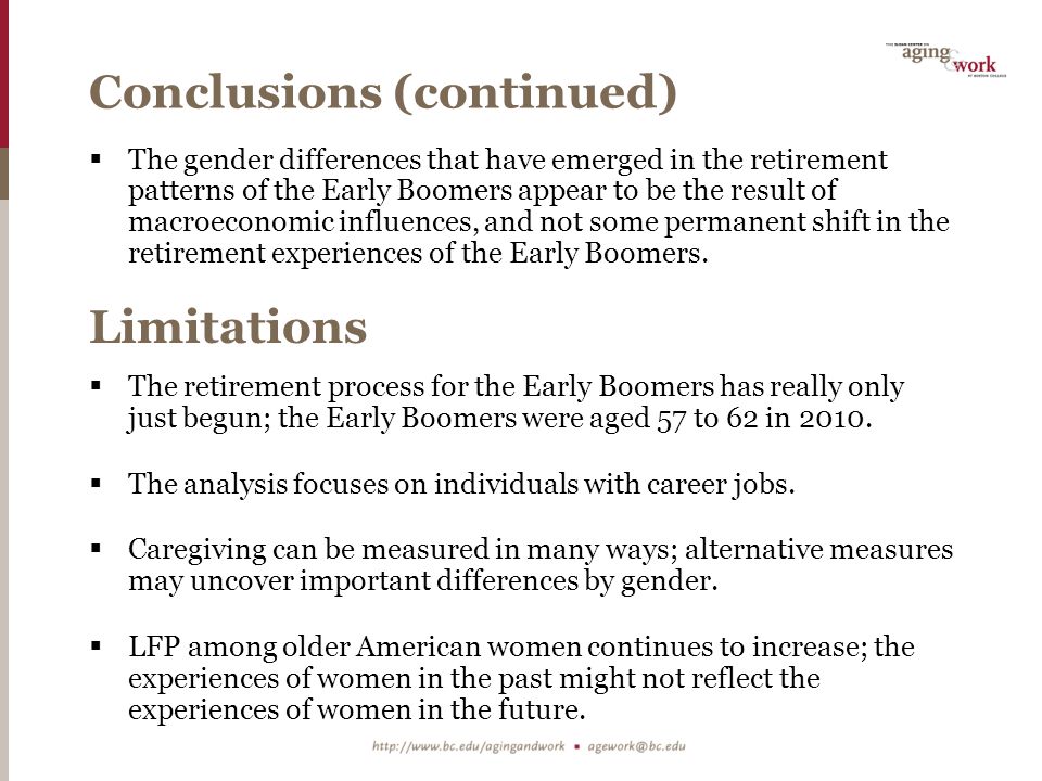 Conclusions (continued)  The gender differences that have emerged in the retirement patterns of the Early Boomers appear to be the result of macroeconomic influences, and not some permanent shift in the retirement experiences of the Early Boomers.