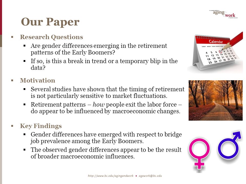Our Paper  Research Questions  Are gender differences emerging in the retirement patterns of the Early Boomers.