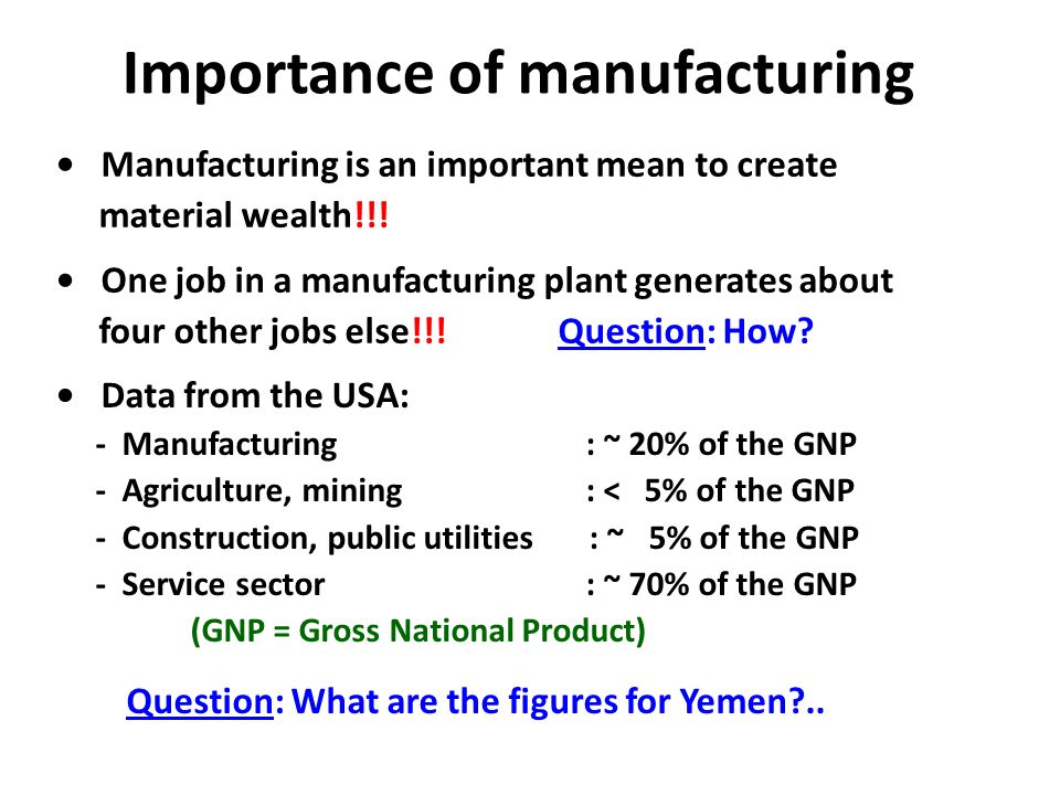 Importance of manufacturing Manufacturing is an important mean to create material wealth!!.