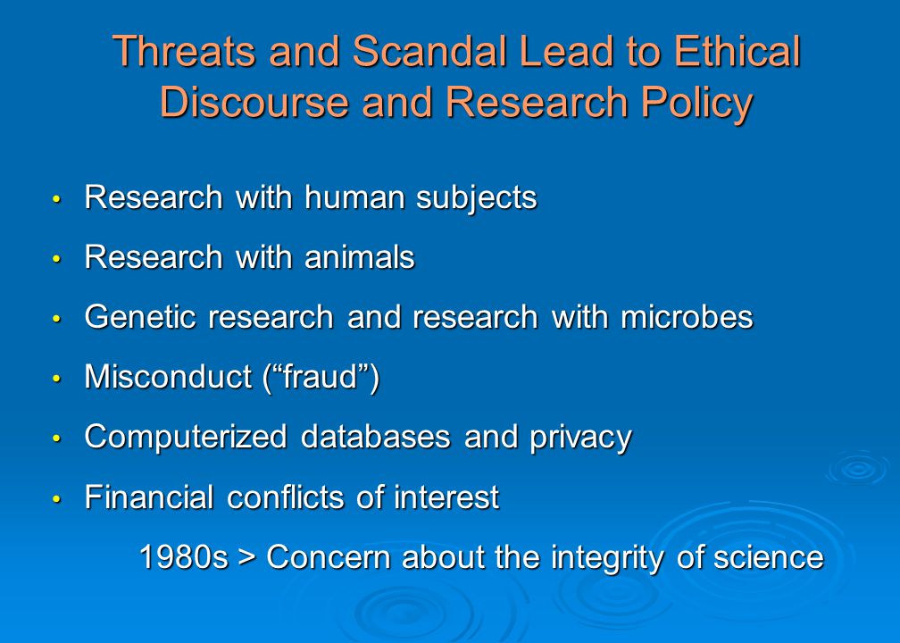 Threats and Scandal Lead to Ethical Discourse and Research Policy Research with human subjects Research with human subjects Research with animals Research with animals Genetic research and research with microbes Genetic research and research with microbes Misconduct ( fraud ) Misconduct ( fraud ) Computerized databases and privacy Computerized databases and privacy Financial conflicts of interest Financial conflicts of interest 1980s > Concern about the integrity of science