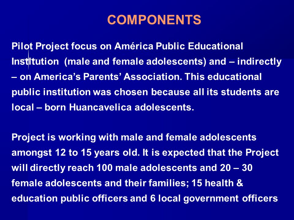 COMPONENTS Pilot Project focus on América Public Educational Institution (male and female adolescents) and – indirectly – on America’s Parents’ Association.