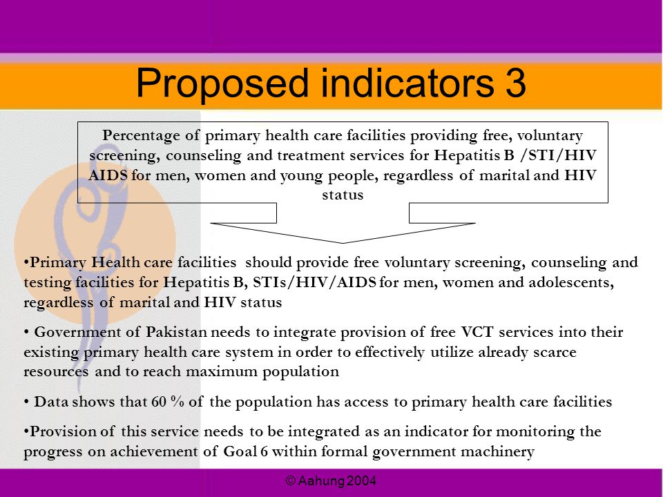 © Aahung 2004 Proposed indicators 3 Percentage of primary health care facilities providing free, voluntary screening, counseling and treatment services for Hepatitis B /STI/HIV AIDS for men, women and young people, regardless of marital and HIV status Primary Health care facilities should provide free voluntary screening, counseling and testing facilities for Hepatitis B, STIs/HIV/AIDS for men, women and adolescents, regardless of marital and HIV status Government of Pakistan needs to integrate provision of free VCT services into their existing primary health care system in order to effectively utilize already scarce resources and to reach maximum population Data shows that 60 % of the population has access to primary health care facilities Provision of this service needs to be integrated as an indicator for monitoring the progress on achievement of Goal 6 within formal government machinery