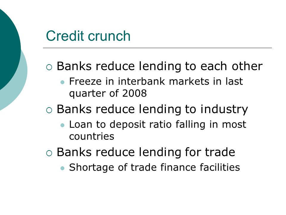 Credit crunch  Banks reduce lending to each other Freeze in interbank markets in last quarter of 2008  Banks reduce lending to industry Loan to deposit ratio falling in most countries  Banks reduce lending for trade Shortage of trade finance facilities