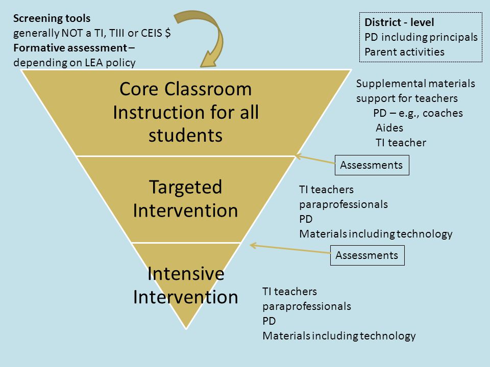 Core Classroom Instruction for all students Targeted Intervention Intensive Intervention District - level PD including principals Parent activities Supplemental materials support for teachers PD – e.g., coaches Aides TI teacher Assessments TI teachers paraprofessionals PD Materials including technology Assessments TI teachers paraprofessionals PD Materials including technology Screening tools generally NOT a TI, TIII or CEIS $ Formative assessment – depending on LEA policy