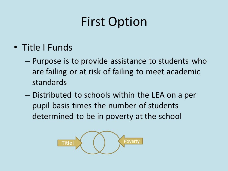 First Option Title I Funds – Purpose is to provide assistance to students who are failing or at risk of failing to meet academic standards – Distributed to schools within the LEA on a per pupil basis times the number of students determined to be in poverty at the school Title I Poverty