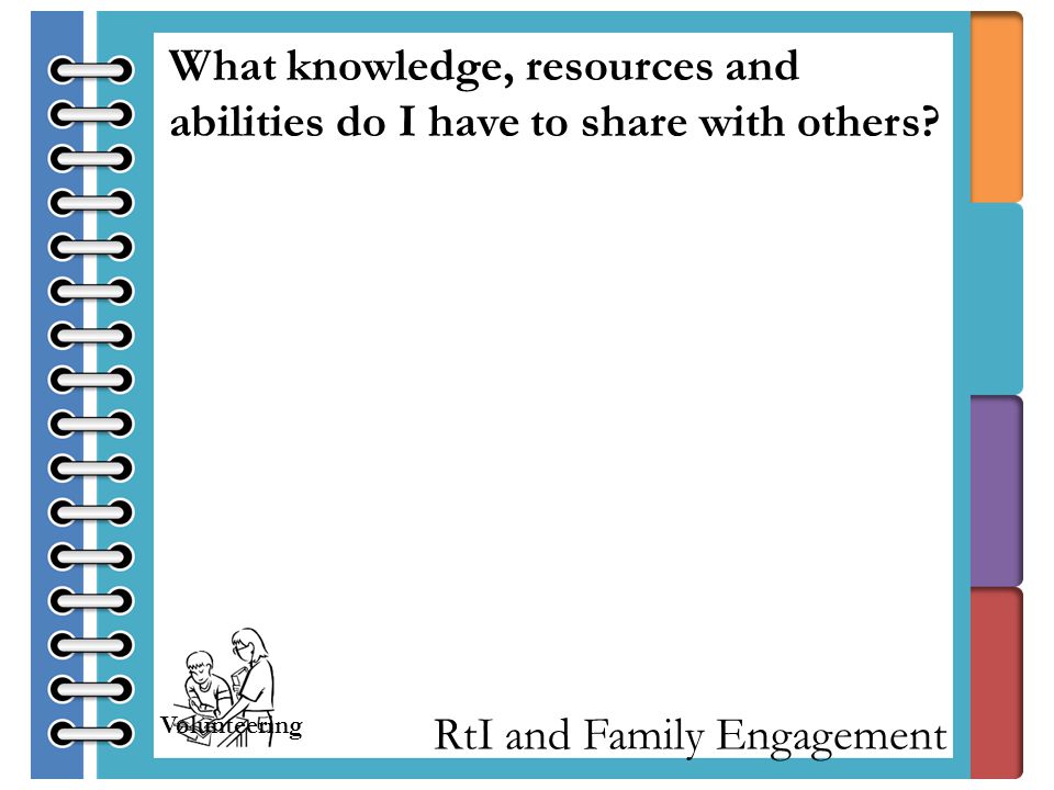 RtI and Family Engagement What knowledge, resources and abilities do I have to share with others.