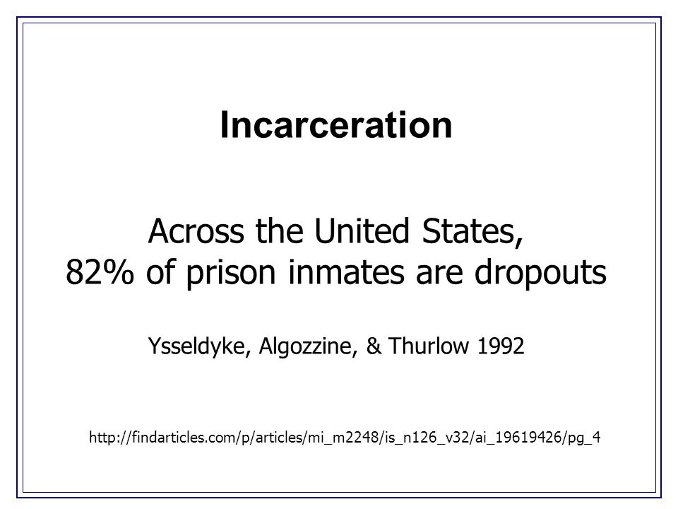 Incarceration Across the United States, 82% of prison inmates are dropouts Ysseldyke, Algozzine, & Thurlow