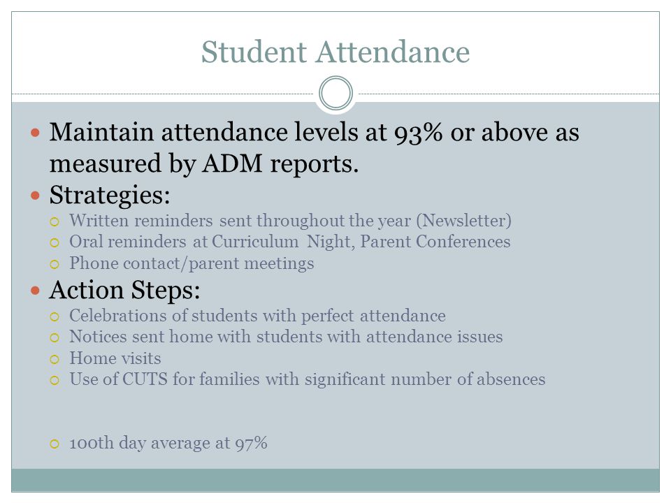 Student Attendance Maintain attendance levels at 93% or above as measured by ADM reports.
