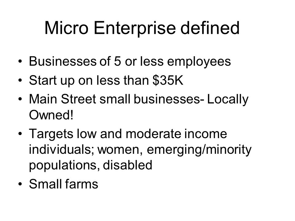 Micro Enterprise defined Businesses of 5 or less employees Start up on less than $35K Main Street small businesses- Locally Owned.
