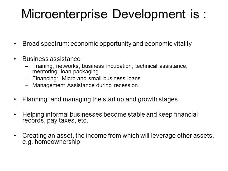 Microenterprise Development is : Broad spectrum: economic opportunity and economic vitality Business assistance –Training; networks; business incubation; technical assistance; mentoring; loan packaging –Financing: Micro and small business loans –Management Assistance during recession Planning and managing the start up and growth stages Helping informal businesses become stable and keep financial records, pay taxes, etc.