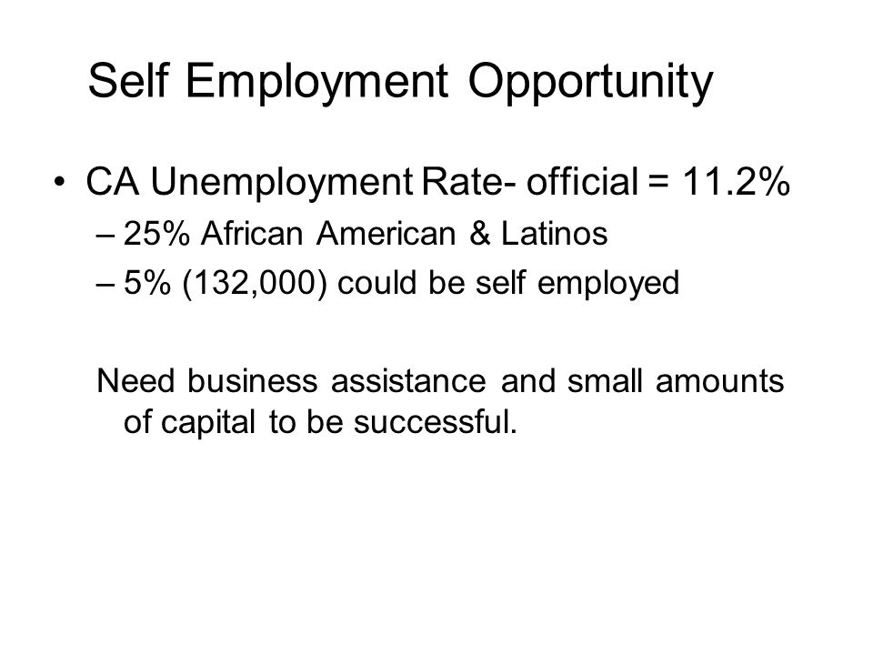 Self Employment Opportunity CA Unemployment Rate- official = 11.2% –25% African American & Latinos –5% (132,000) could be self employed Need business assistance and small amounts of capital to be successful.