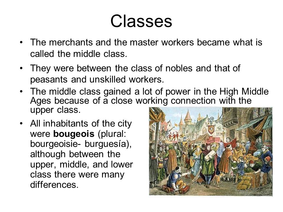 Classes All inhabitants of the city were bougeois (plural: bourgeoisie- burguesía), although between the upper, middle, and lower class there were many differences.