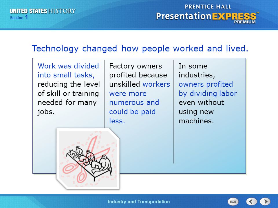 Section 1 Industry and Transportation Technology changed how people worked and lived.