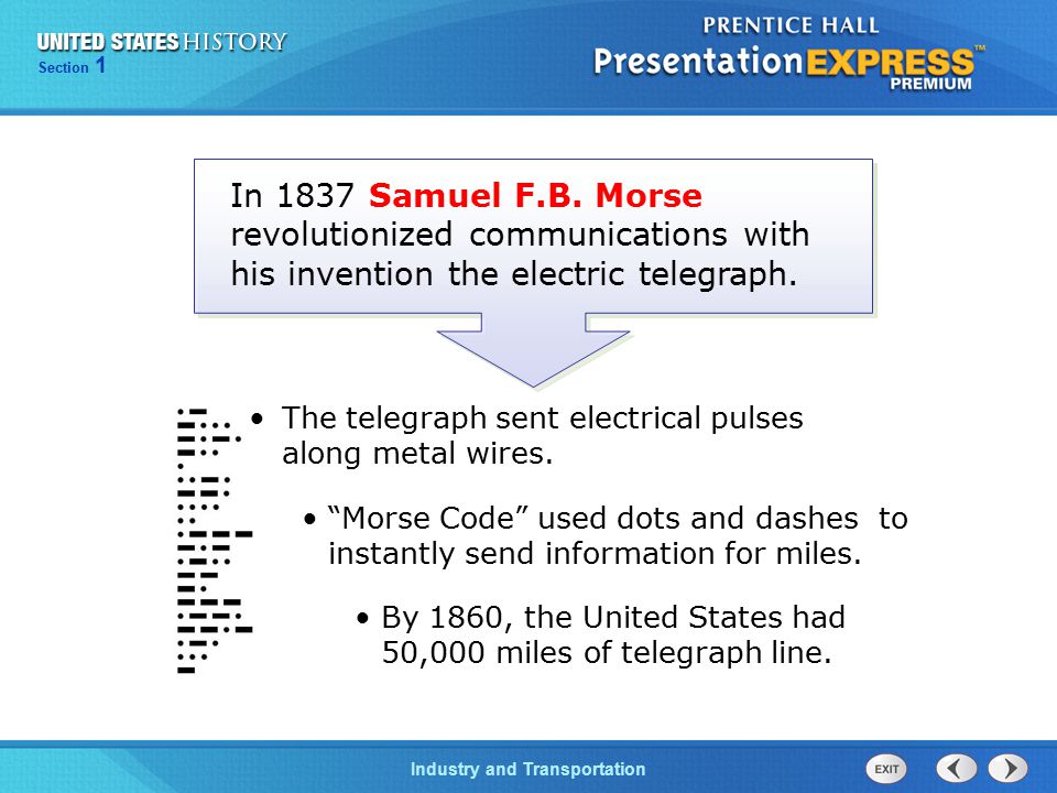 Section 1 Industry and Transportation The telegraph sent electrical pulses along metal wires.