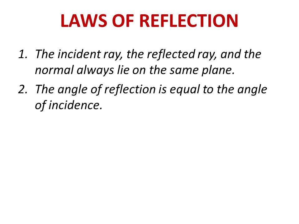 1.The incident ray, the reflected ray, and the normal always lie on the same plane.