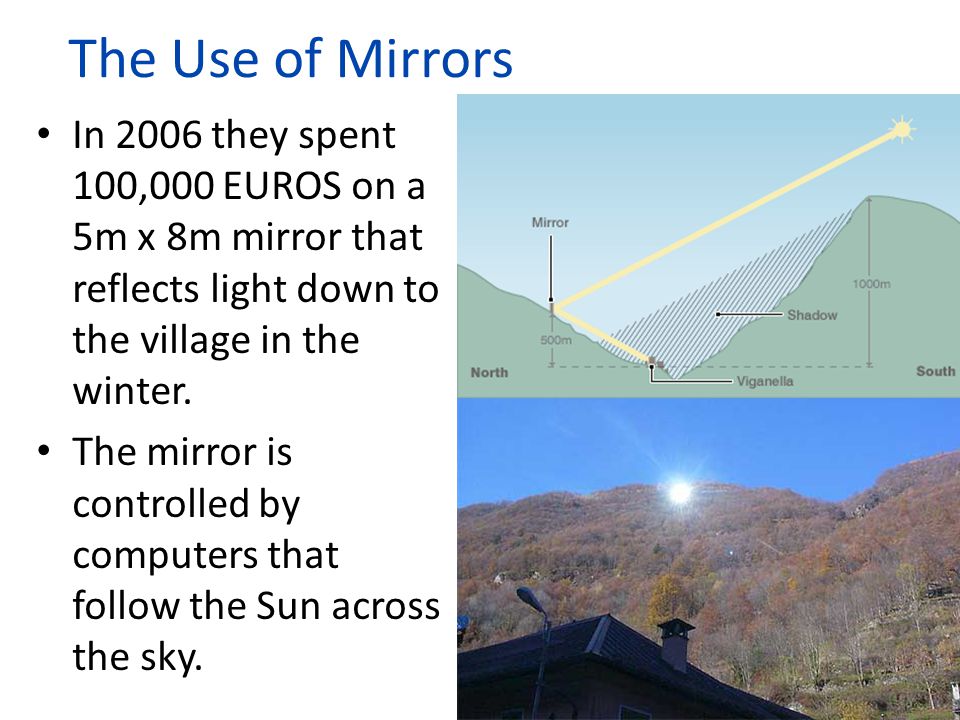 The Use of Mirrors In 2006 they spent 100,000 EUROS on a 5m x 8m mirror that reflects light down to the village in the winter.