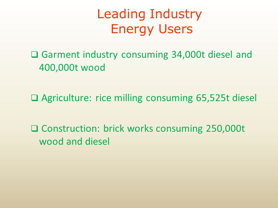  Garment industry consuming 34,000t diesel and 400,000t wood  Agriculture: rice milling consuming 65,525t diesel  Construction: brick works consuming 250,000t wood and diesel Leading Industry Energy Users