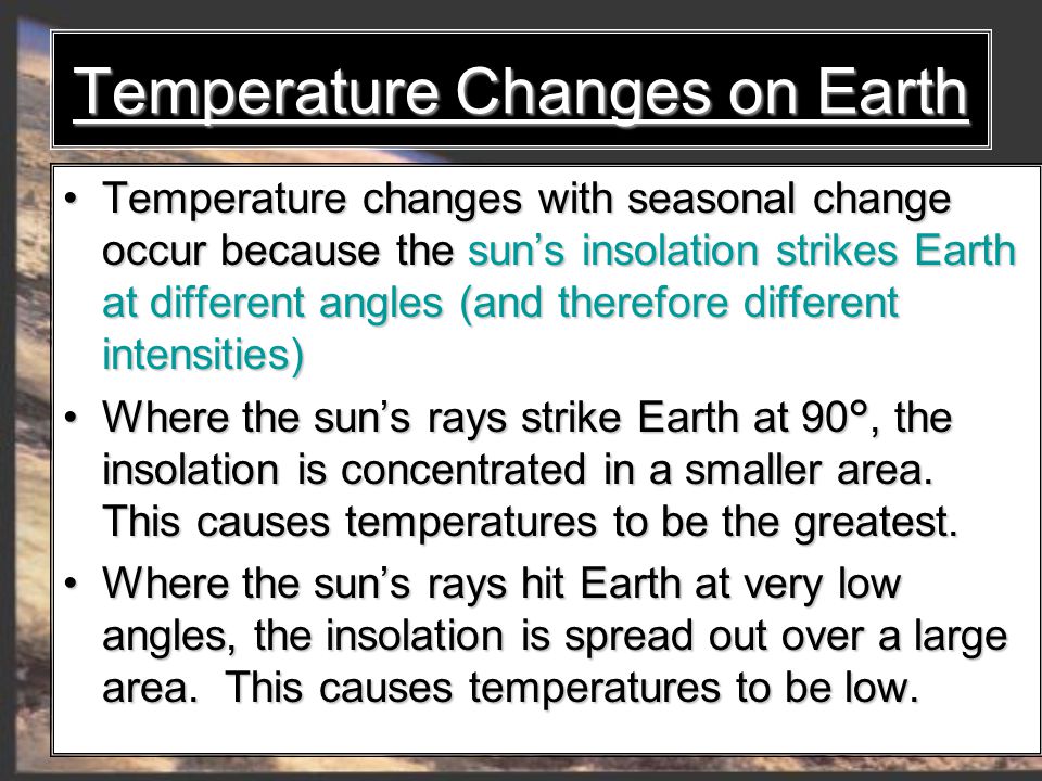 Temperature Changes on Earth Temperature changes with seasonal change occur because the sun’s insolation strikes Earth at different angles (and therefore different intensities) Temperature changes with seasonal change occur because the sun’s insolation strikes Earth at different angles (and therefore different intensities) Where the sun’s rays strike Earth at 90°, the insolation is concentrated in a smaller area.