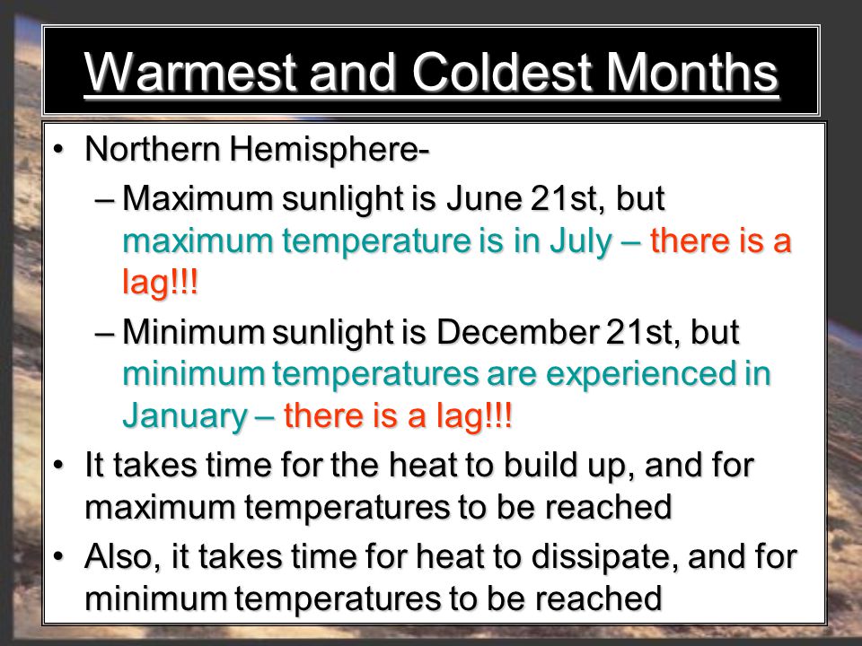 Warmest and Coldest Months Northern Hemisphere- Northern Hemisphere- – Maximum sunlight is June 21st, but maximum temperature is in July – there is a lag!!.