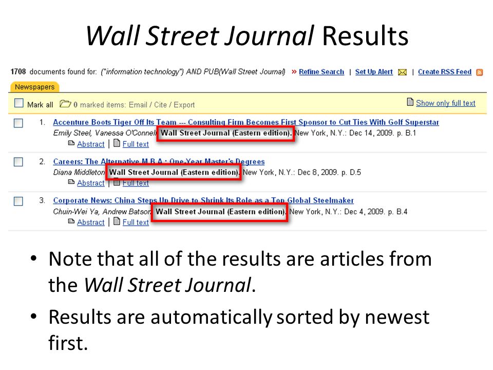 Wall Street Journal Results Note that all of the results are articles from the Wall Street Journal.