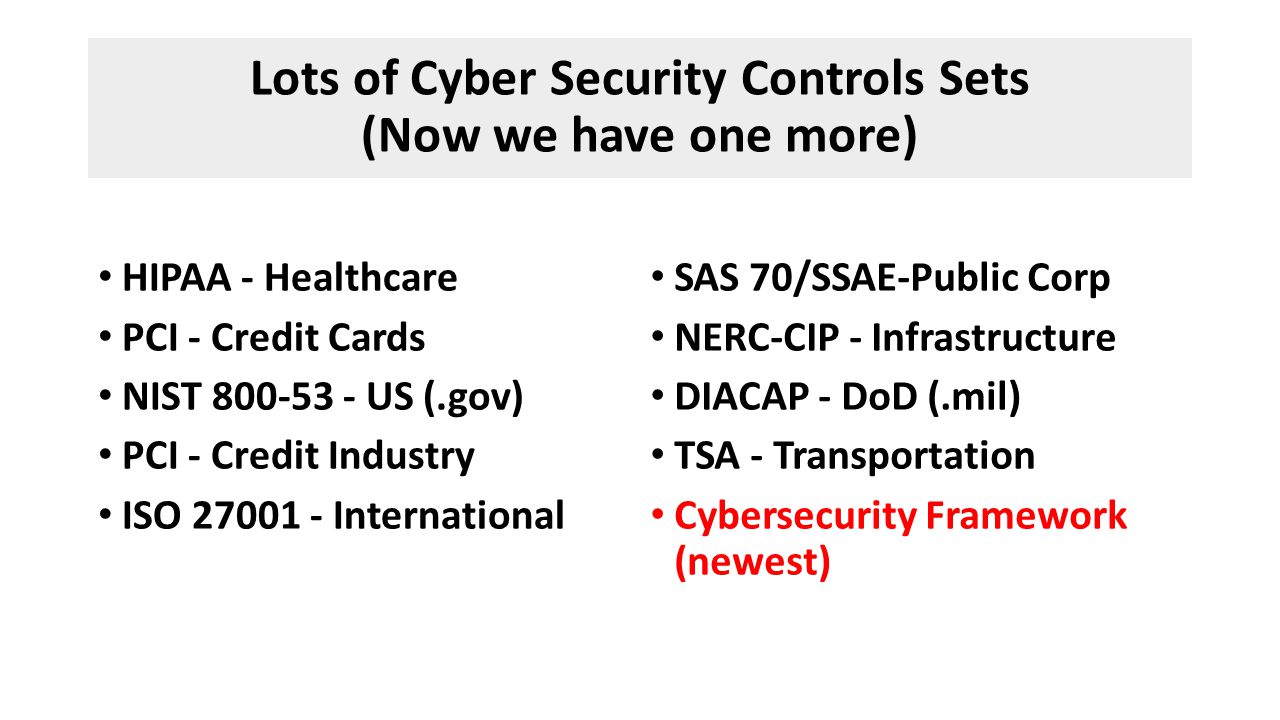 Lots of Cyber Security Controls Sets (Now we have one more) HIPAA - Healthcare PCI - Credit Cards NIST US (.gov) PCI - Credit Industry ISO International SAS 70/SSAE-Public Corp NERC-CIP - Infrastructure DIACAP - DoD (.mil) TSA - Transportation Cybersecurity Framework (newest)