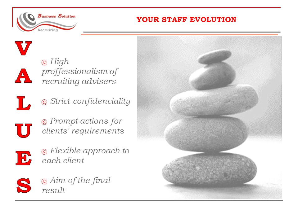YOUR STAFF High proffessionalism of recruiting Strict Prompt actions for clients Flexible approach to each Aim of the final result