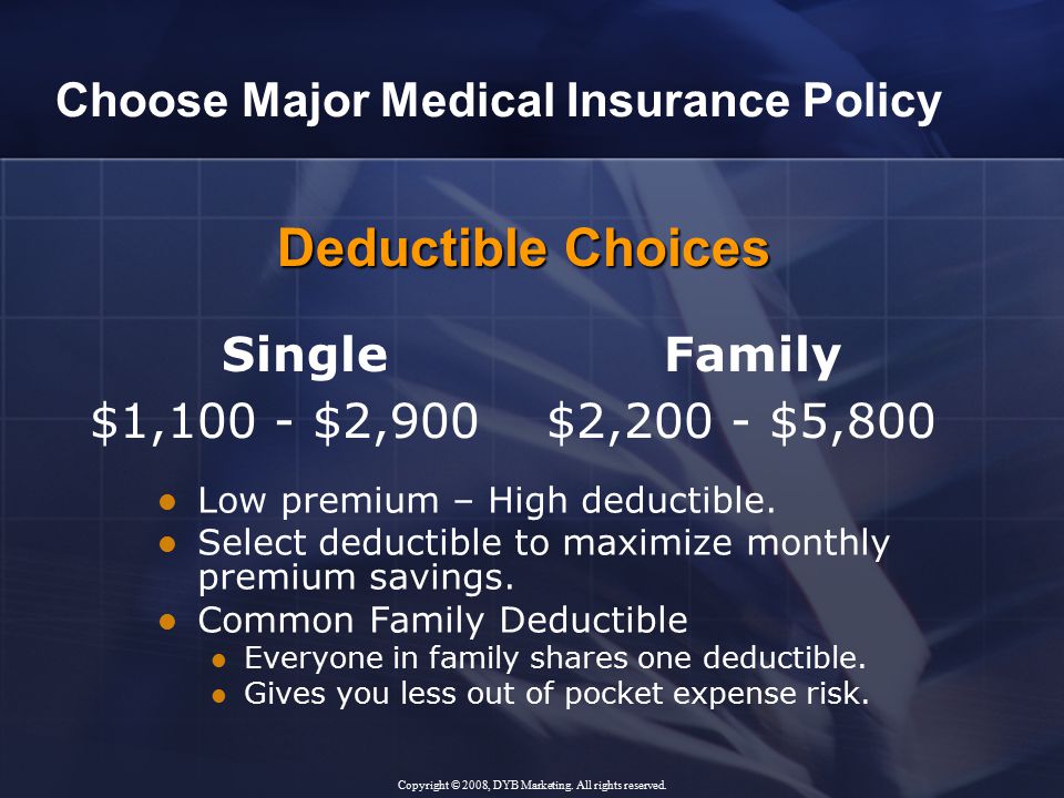 Single Family $1,100 - $2,900 $2,200 - $5,800 Low premium – High deductible.