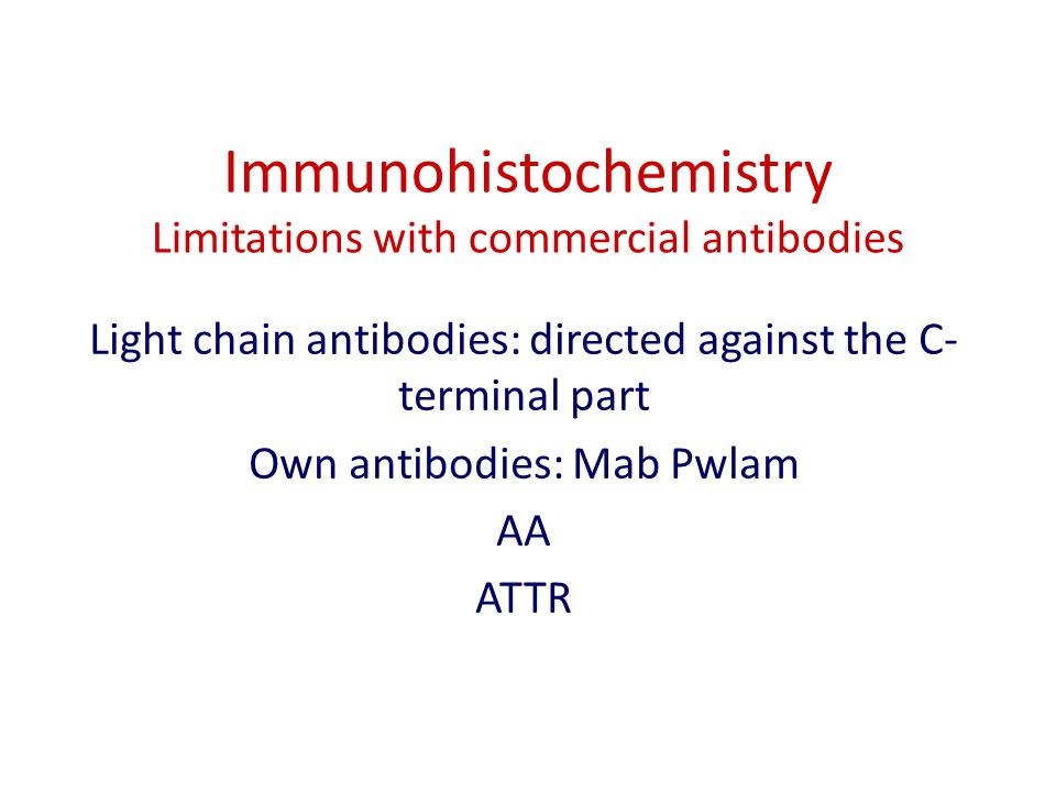 Immunohistochemistry Limitations with commercial antibodies Light chain antibodies: directed against the C- terminal part Own antibodies: Mab Pwlam AA ATTR