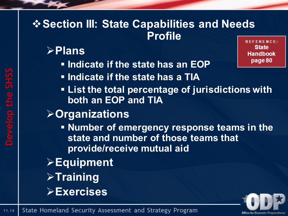 State Homeland Security Assessment and Strategy Program  Section III: State Capabilities and Needs Profile  Plans  Indicate if the state has an EOP  Indicate if the state has a TIA  List the total percentage of jurisdictions with both an EOP and TIA  Organizations  Number of emergency response teams in the state and number of those teams that provide/receive mutual aid  Equipment  Training  Exercises Develop the SHSS R E F E R E N C E : State Handbook page 80