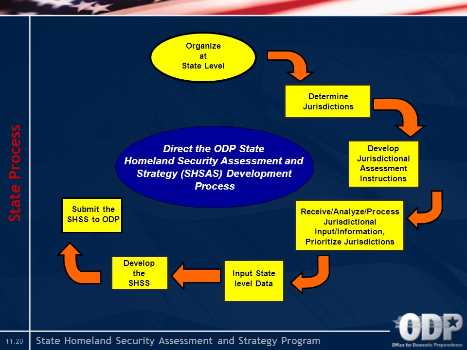 State Homeland Security Assessment and Strategy Program State Process Determine Jurisdictions Develop Jurisdictional Assessment Instructions Receive/Analyze/Process Jurisdictional Input/Information, Prioritize Jurisdictions Organize at State Level Input State level Data Develop the SHSS Submit the SHSS to ODP Direct the ODP State Homeland Security Assessment and Strategy (SHSAS) Development Process