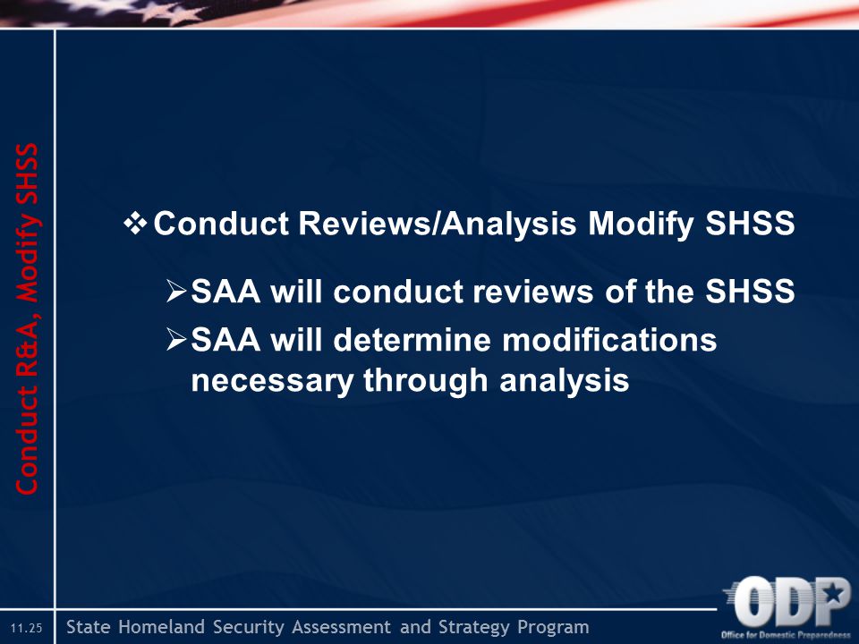 State Homeland Security Assessment and Strategy Program  Conduct Reviews/Analysis Modify SHSS  SAA will conduct reviews of the SHSS  SAA will determine modifications necessary through analysis Conduct R&A, Modify SHSS