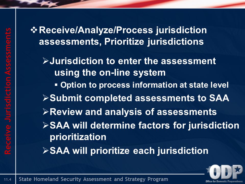 State Homeland Security Assessment and Strategy Program 11.4  Receive/Analyze/Process jurisdiction assessments, Prioritize jurisdictions  Jurisdiction to enter the assessment using the on-line system  Option to process information at state level  Submit completed assessments to SAA  Review and analysis of assessments  SAA will determine factors for jurisdiction prioritization  SAA will prioritize each jurisdiction Receive Jurisdiction Assessments