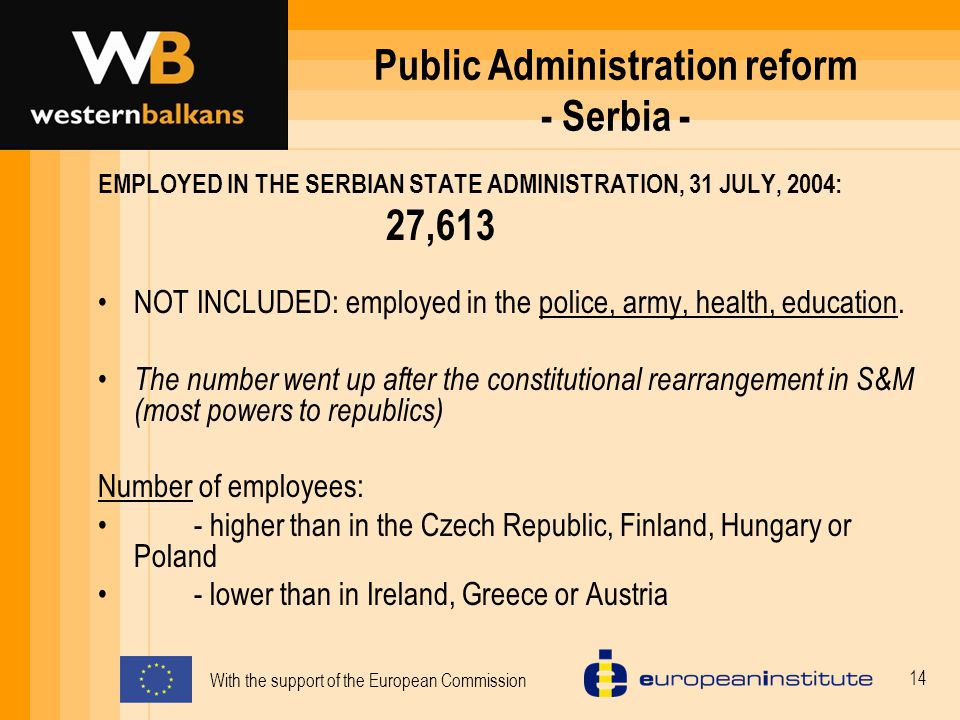 With the support of the European Commission 14 Public Administration reform - Serbia - EMPLOYED IN THE SERBIAN STATE ADMINISTRATION, 31 JULY, 2004: 27,613 NOT INCLUDED: employed in the police, army, health, education.