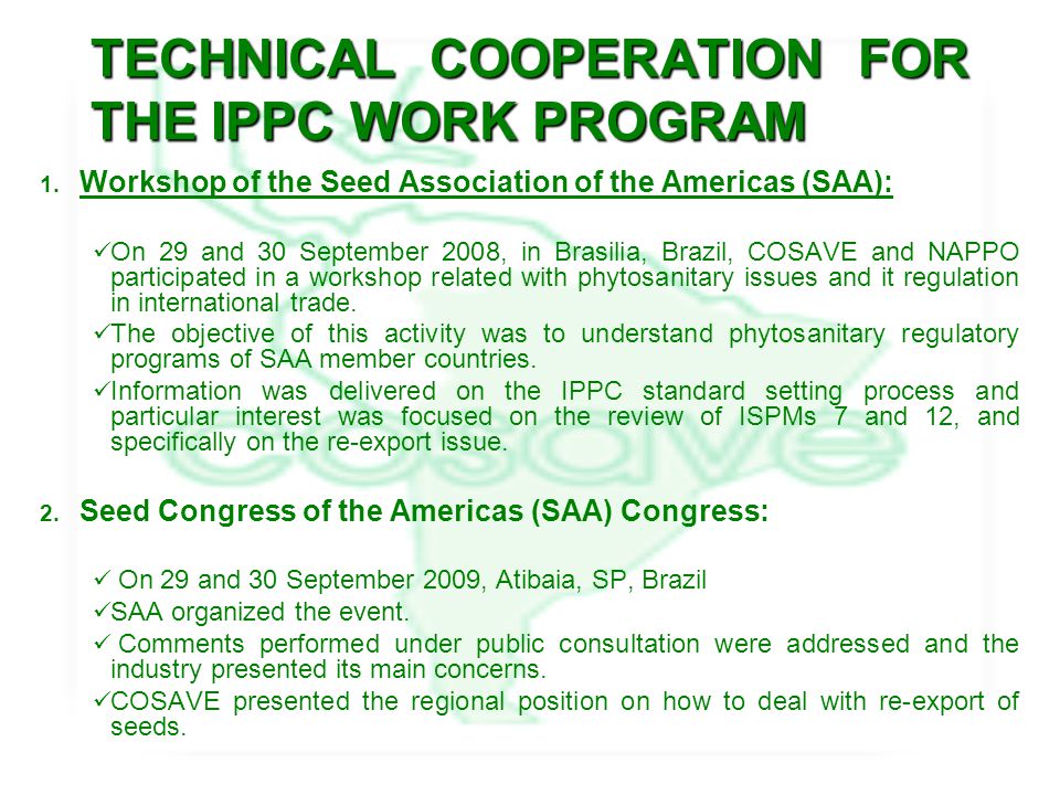 TECHNICAL COOPERATION FOR THE IPPC WORK PROGRAM 1.