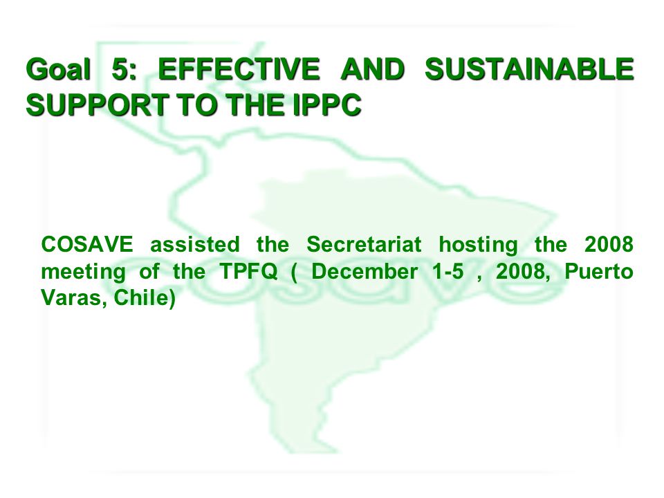 COSAVE assisted the Secretariat hosting the 2008 meeting of the TPFQ ( December 1-5, 2008, Puerto Varas, Chile) Goal 5: EFFECTIVE AND SUSTAINABLE SUPPORT TO THE IPPC