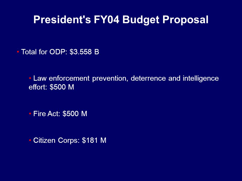 Total for ODP: $3.558 B Law enforcement prevention, deterrence and intelligence effort: $500 M Fire Act: $500 M Citizen Corps: $181 M President s FY04 Budget Proposal