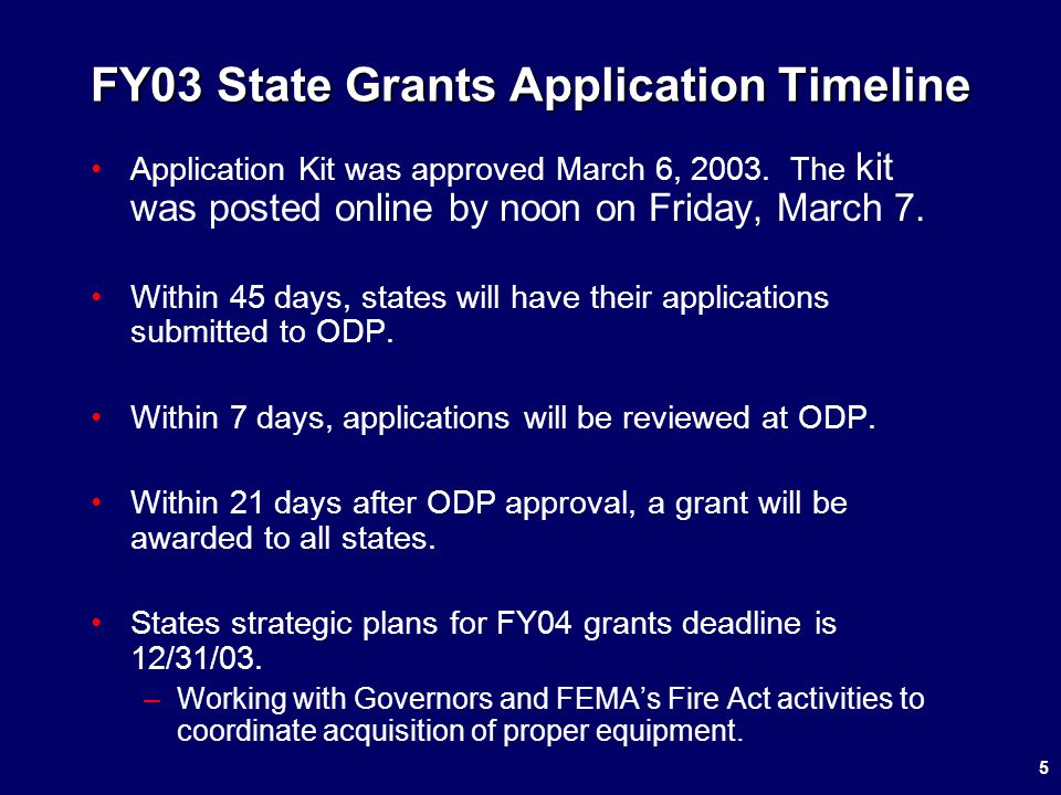 FY03 State Grants Application Timeline Application Kit was approved March 6, 2003.