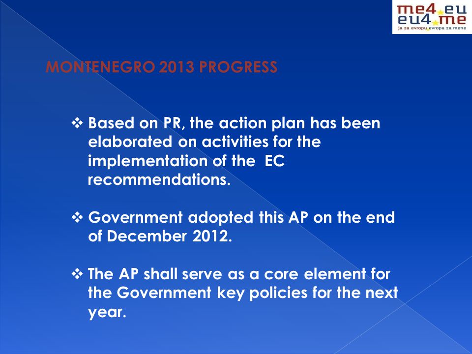  Based on PR, the action plan has been elaborated on activities for the implementation of the EC recommendations.