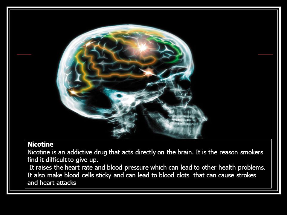 Nicotine Nicotine is an addictive drug that acts directly on the brain.